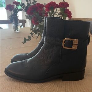 Tory Burch Black Pebbled Leather Ankle Booties with Gold Buckle
